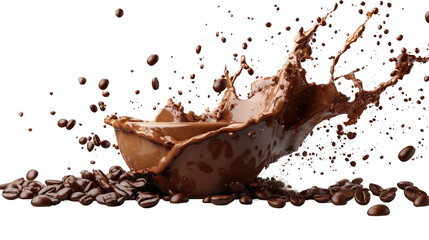Liquid Chocolate Splash: A dynamic image of a bowl filled with rich, liquid chocolate erupting in a splash, surrounded by scattered coffee beans, offering a tantalizing visual of indulgence.