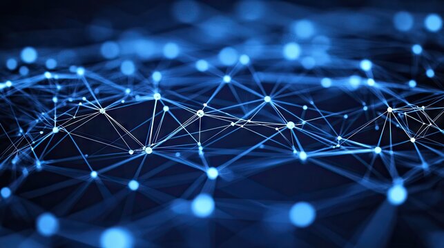 Abstract network connections, glowing nodes, digital technology, dark background, data visualization