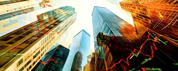 Tall skyscrapers reach for the sky with financial overlay