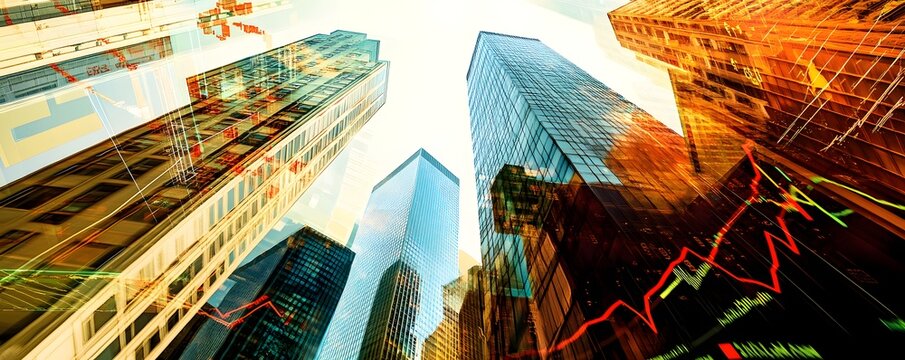 Tall skyscrapers reach for the sky with financial overlay - Powered by Adobe