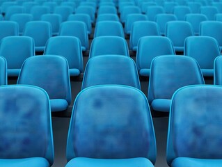 Fototapeta premium Conference setup rows of blue chairs event venue interior design modern atmosphere perspective on seating