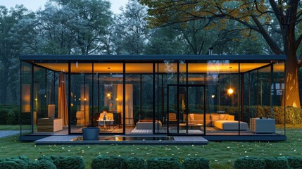 Fototapeta premium Modern Glass House Surrounded by Lush Greenery at Dusk