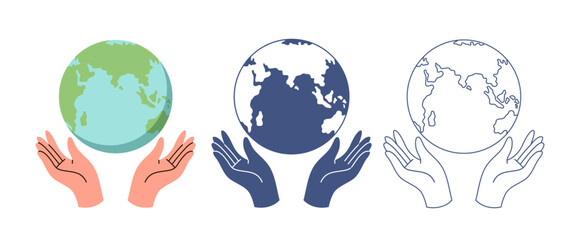 Hand and Planet Earth. Cartoon flat illustration. Line and black silhouette. Ecological help, protecting world, nature conservation. Emblem or logotype design. Vector environment care concept