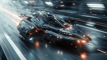 Futuristic Spaceship in Motion Through High-Speed Galactic Corridor