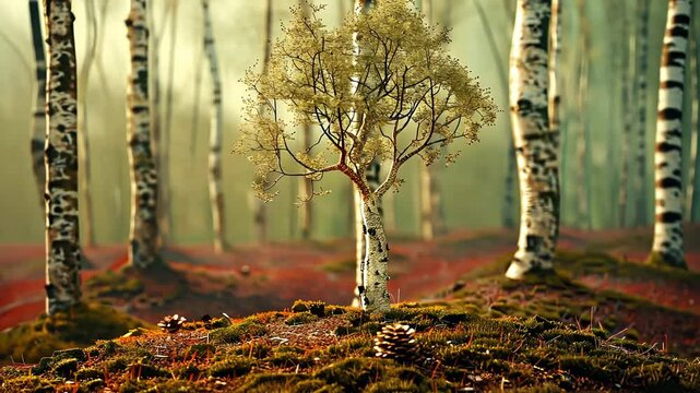 A solitary tree standing in a misty forest with tall birch trees in the background, creating a serene natural landscape.