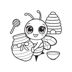 Cartoon bee character, cute bee mascot, honey jar, wooden dipper, black and white line drawing 