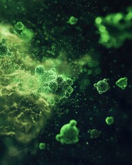 Close-up View of Green Microorganisms in Dark Space Environment