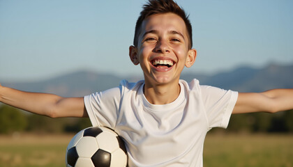 Obraz premium Happy Boy with Joyful Mood Playing Soccer against Distant Mountains Background