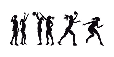 Player of volleyball. Silhouettes of a group of women playing volleyball. A white backdrop.
