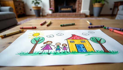 Fototapeta premium Child's Crayon Family Drawing with Stick Figures against Living Room Background