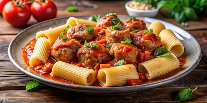 Hearty beef and pork braciola slices on a plate surrounded by steaming hot rigatoni pasta in a rich tomato sauce , Bolognese Rigatoni Braciola Italian dish, pasta