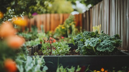 Vibrant garden beds overflowing with colorful flowers and leafy greens