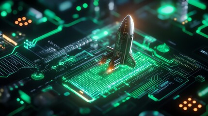 Fototapeta premium Rocket Launching on Futuristic Circuit Board with Glowing Green Lights