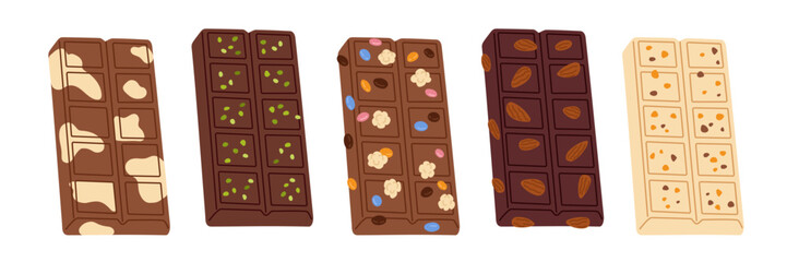 Chocolate bars. Different tastes, fillers and ingredients, cocoa product, milky, white, dark types, pistachios, almonds, natural ingredients cartoon flat style isolated garish vector set