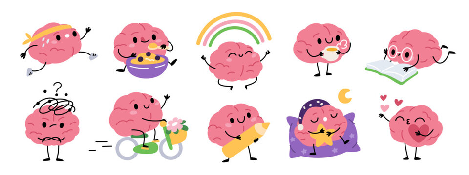 Cartoon brain characters. Human organ with funny face, feet and hands mascot, smiling cute mind, different poses and actions. Education emoji, knowledge. Stickers garish vector isolated set