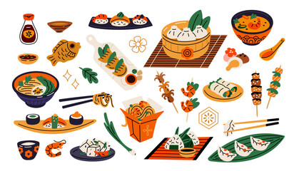Cartoon asian food. Traditional japanese, chinese and korean cuisine dishes, cutlery, seasonings, sauces, exotic taste, soup and onigiri, noodles with seafood, garish vector isolated menu set