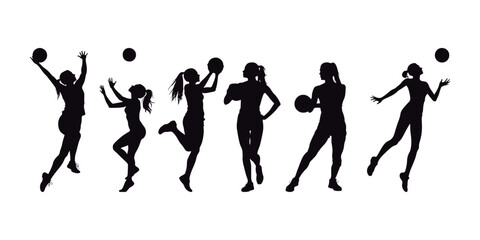 Player of volleyball. Silhouettes of a group of women playing volleyball. A white backdrop.
