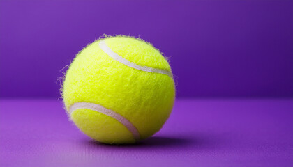 Single tennis ball isolated on bright purple backdrop. Sport, competitive game.