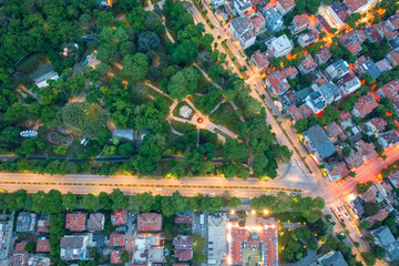 aerial view of sea garden and houses at Varna city lights