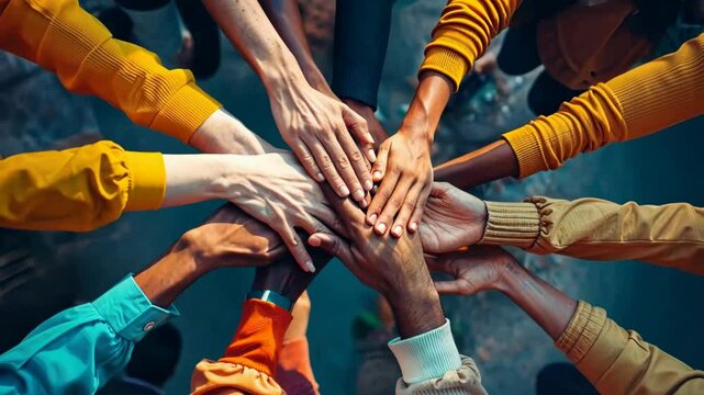 Diverse group of hands come together, celebrating unity on Friendship Day
