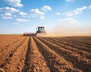 Fototapeta premium A tractor plowing a field, creating furrows in the soil against a clear blue sky.