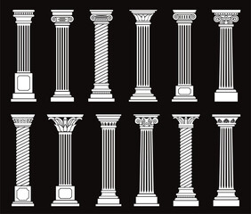 Antique columns silhouettes. Ancient flat pillars, black and white colors icons, greek classic architecture elements, minimalistic isolated decorative elements for buildings nowaday vector set
