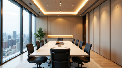 Modern conference room with a large table surrounded by chairs, equipped with acoustic paneling for soundproofing.