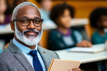 Confident middle age African male teacher in a gray suit holding a notebook, standing in front of her students in a bright classroom. School, education concept.