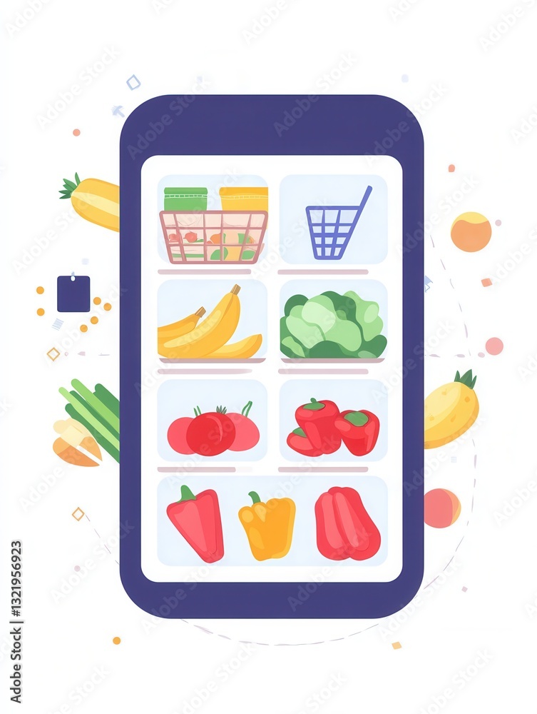 Poster Stylized flat design of an online grocery order summary displayed on a digital screen with colorful vegetables and fruits