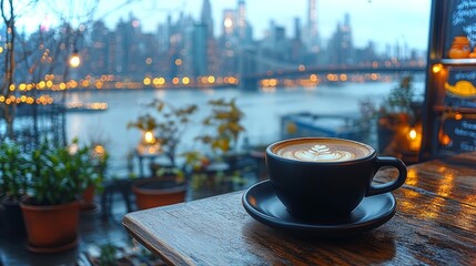 Rooftop cafe offers breathtaking city skyline view with a warm cup of coffee