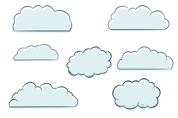 Set of vector clouds in white and blue, with transparent background, hand draw, comic