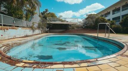 Abandoned pool with cracked tiles next to overgrown plants and building under clear blue sky