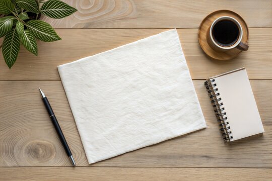 Blank white grunge paper sheet placed on a light oak wooden table, top view. Empty note paper for design. (Mockup)