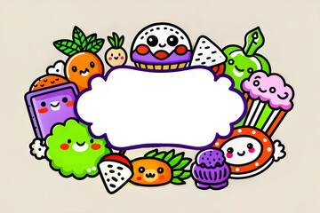 Naklejka premium Playful food illustration featuring smiling fruits and desserts with copy space for text.