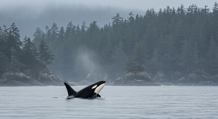 Naklejka premium Orca Majesty: Killer Whale Emerges in Misty Fjords, Alaska - A Breathtaking Wildlife Encounter