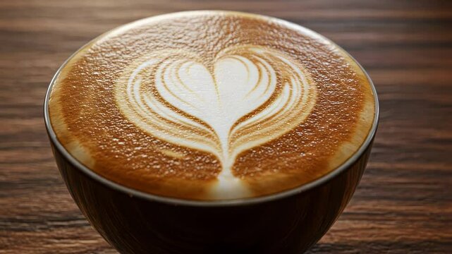 Beautiful latte art in a cozy wooden setting.