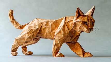 A detailed origami sculpture of a cat, showcasing intricate folds and a lifelike posture, set against a neutral background.