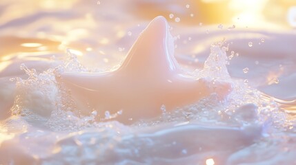 Fototapeta premium A soft, pastel starfish emerges from water, creating gentle splashes in a dreamy, serene environment.