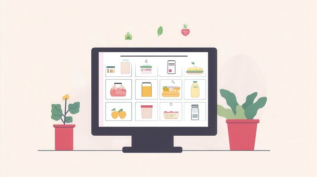 Stylized flat design illustration of an online grocery order summary displayed on a digital screen in a modern setting