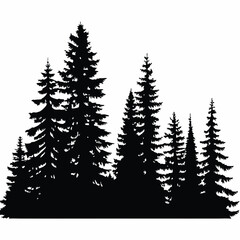 Fir trees silhouettes, Coniferous spruce horizontal background patterns, black evergreen woods vector illustration. Beautiful hand drawn panorama with treetops forest, forest silhouette