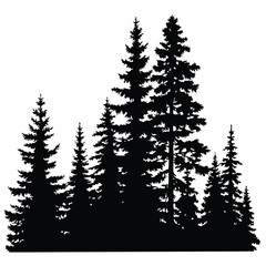Fir trees silhouettes, Coniferous spruce horizontal background patterns, black evergreen woods vector illustration. Beautiful hand drawn panorama with treetops forest, forest silhouette