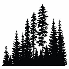 Fir trees silhouettes, Coniferous spruce horizontal background patterns, black evergreen woods vector illustration. Beautiful hand drawn panorama with treetops forest, forest silhouette
