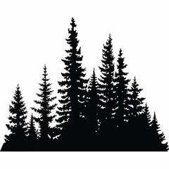 Fir trees silhouettes, Coniferous spruce horizontal background patterns, black evergreen woods vector illustration. Beautiful hand drawn panorama with treetops forest, forest silhouette