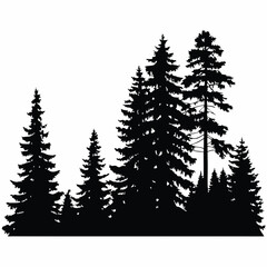 Fir trees silhouettes, Coniferous spruce horizontal background patterns, black evergreen woods vector illustration. Beautiful hand drawn panorama with treetops forest, forest silhouette
