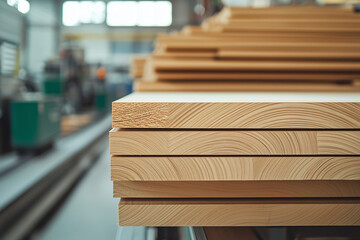 Obraz premium Woodworking Stack: Close-up shot of neatly stacked wooden planks, revealing the natural grain and texture, set within a woodworking environment, a symbol of carpentry and craftsmanship