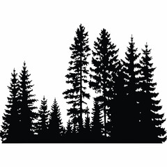 Fir trees silhouettes, Coniferous spruce horizontal background patterns, black evergreen woods vector illustration. Beautiful hand drawn panorama with treetops forest, forest silhouette