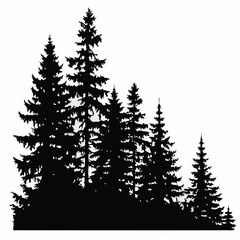 Fir trees silhouettes, Coniferous spruce horizontal background patterns, black evergreen woods vector illustration. Beautiful hand drawn panorama with treetops forest, forest silhouette