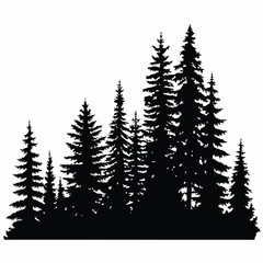 Fir trees silhouettes, Coniferous spruce horizontal background patterns, black evergreen woods vector illustration. Beautiful hand drawn panorama with treetops forest, forest silhouette