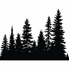 Fir trees silhouettes, Coniferous spruce horizontal background patterns, black evergreen woods vector illustration. Beautiful hand drawn panorama with treetops forest, forest silhouette