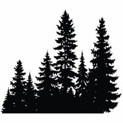 Obraz premium Fir trees silhouettes, Coniferous spruce horizontal background patterns, black evergreen woods vector illustration. Beautiful hand drawn panorama with treetops forest, forest silhouette